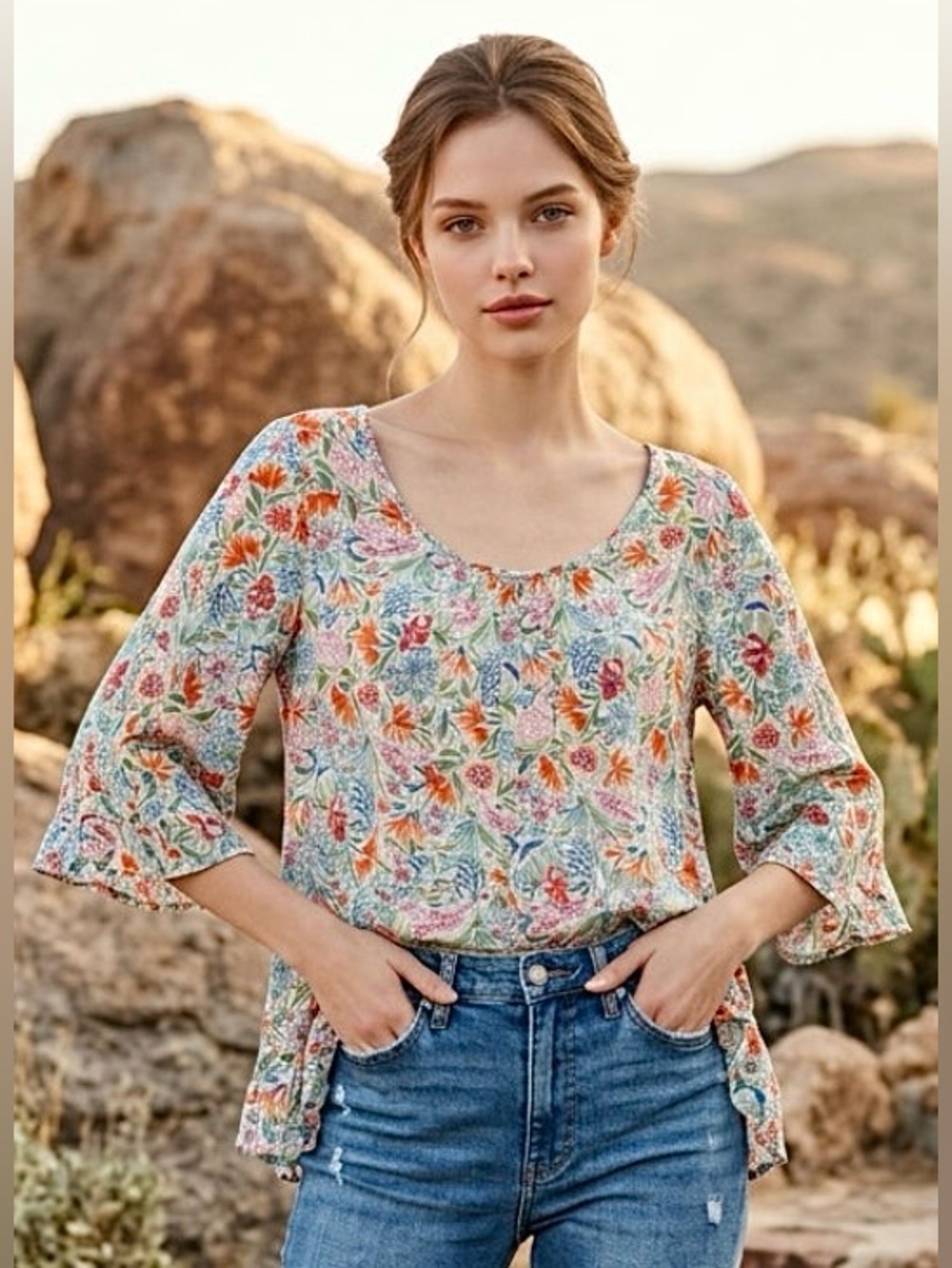 2 for $20 Tops Cynthia Rowley Tunic 3/4 Sleeves Multicolor Floral Size M EUC